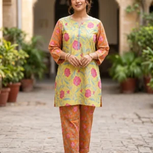 Yellow and orange floral printed 2 piece suit for women