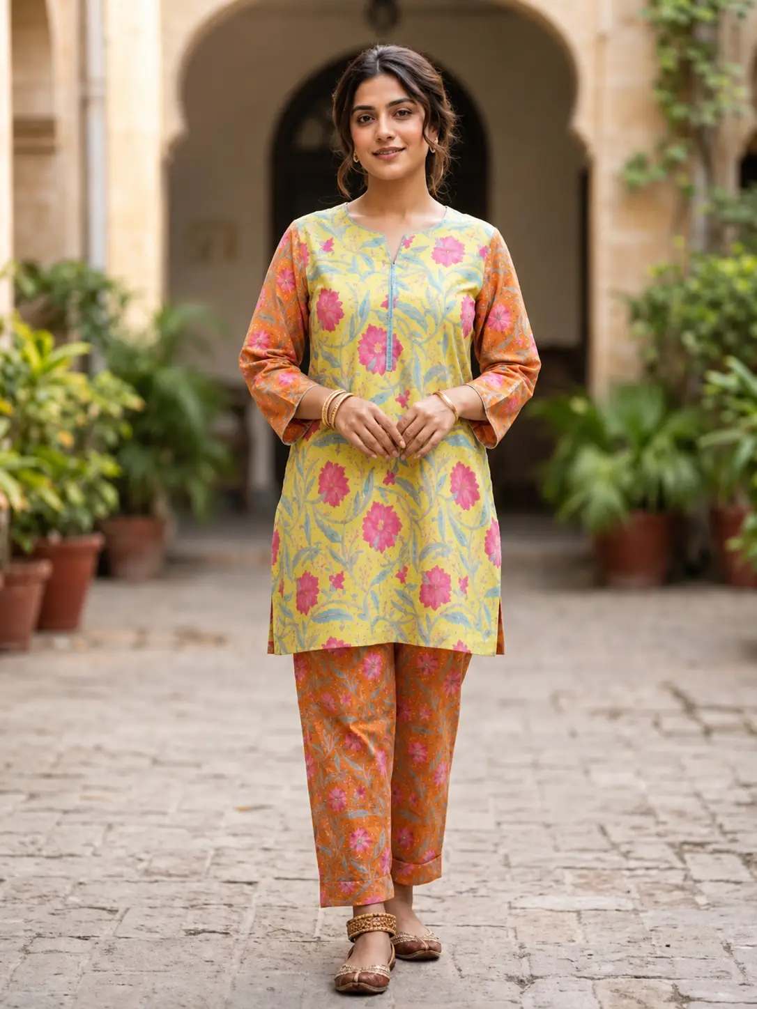 Yellow Orange Floral Printed 2 Piece Suit Yellow and orange floral printed 2 piece suit for women