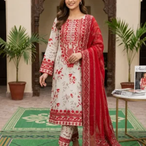 White and red printed 3 piece suit with dupatta for women