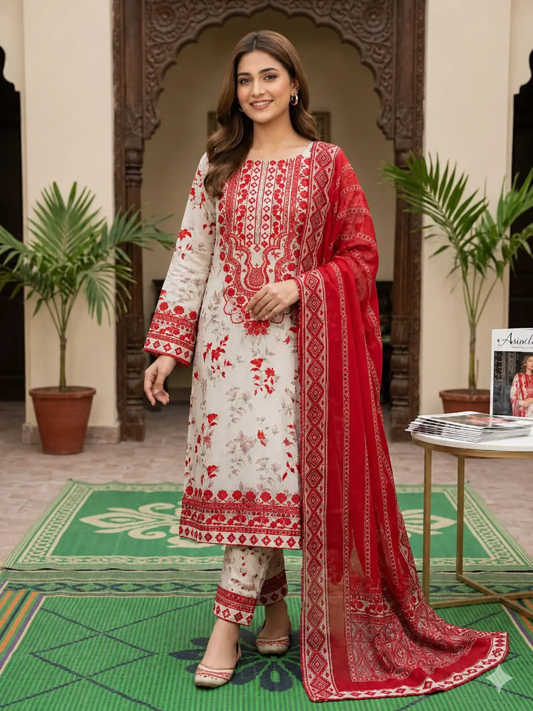 White Red Printed 3 Piece Suit with Dupatta White and red printed 3 piece suit with dupatta for women