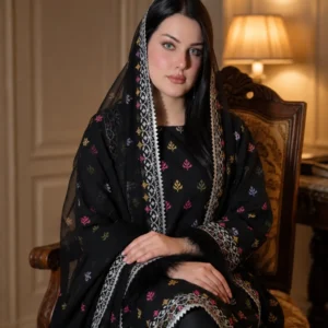 Black multi embroidered 3 piece suit with dupatta for women