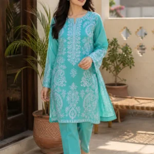 Aqua blue embroidered 2 piece suit for women