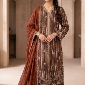 Brown printed 3 piece suit with dupatta for women