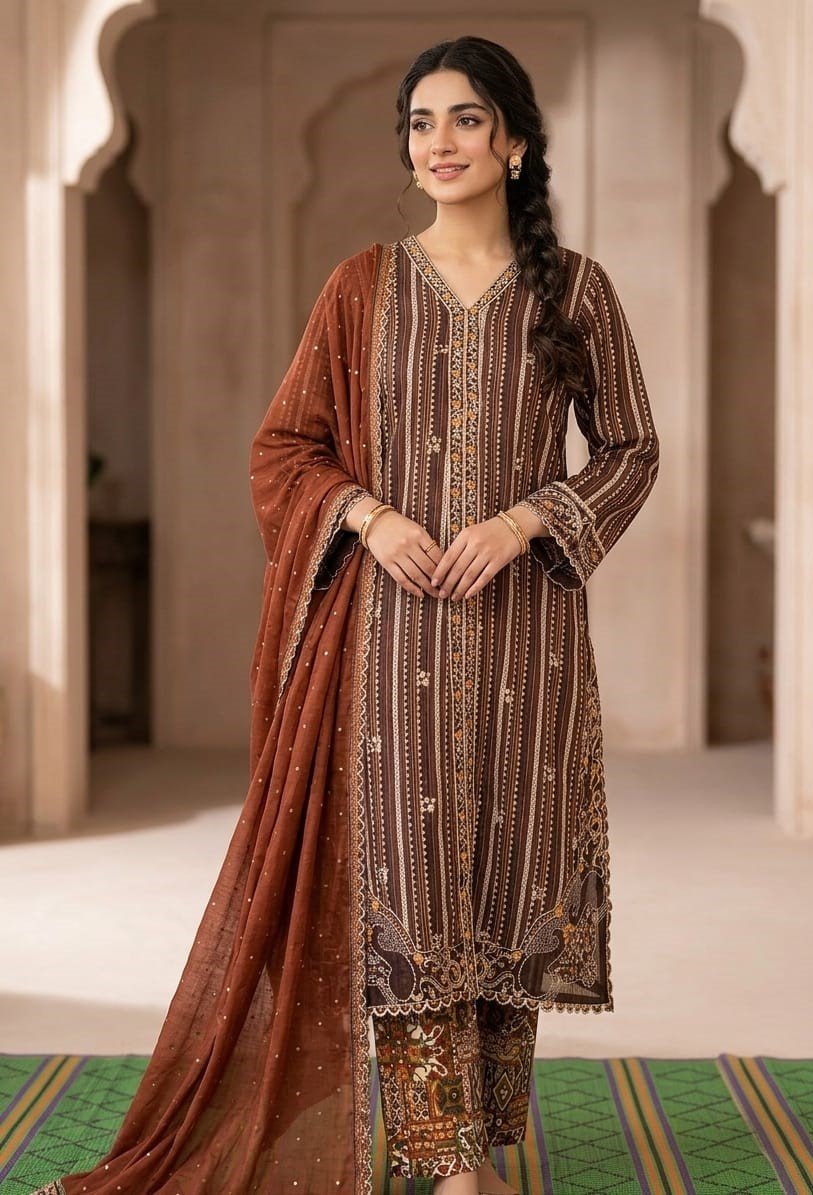 Brown Printed 3 Piece Suit with Dupatta Brown printed 3 piece suit with dupatta for women
