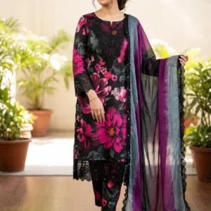 Black floral printed 3 piece suit with dupatta for women