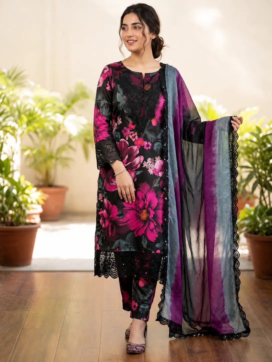Black floral printed 3 piece suit with dupatta for women