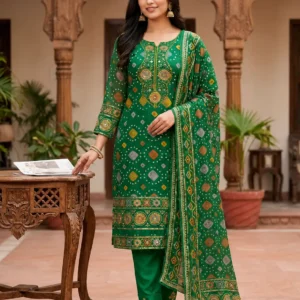 Green printed 3 piece suit with dupatta for women