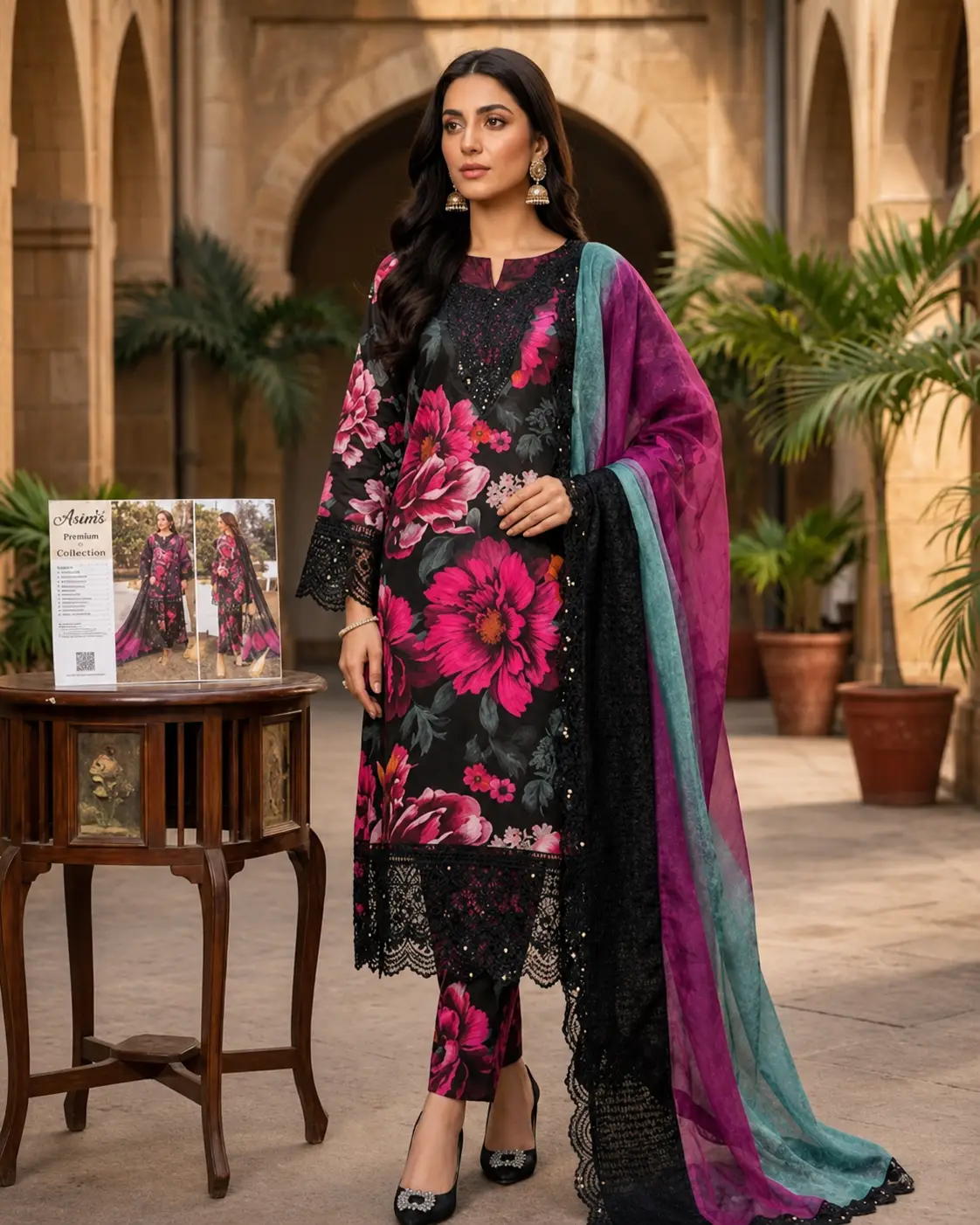 black floral printed 3 piece suit with dupatta for women black floral printed 3 piece suit with dupatta for women