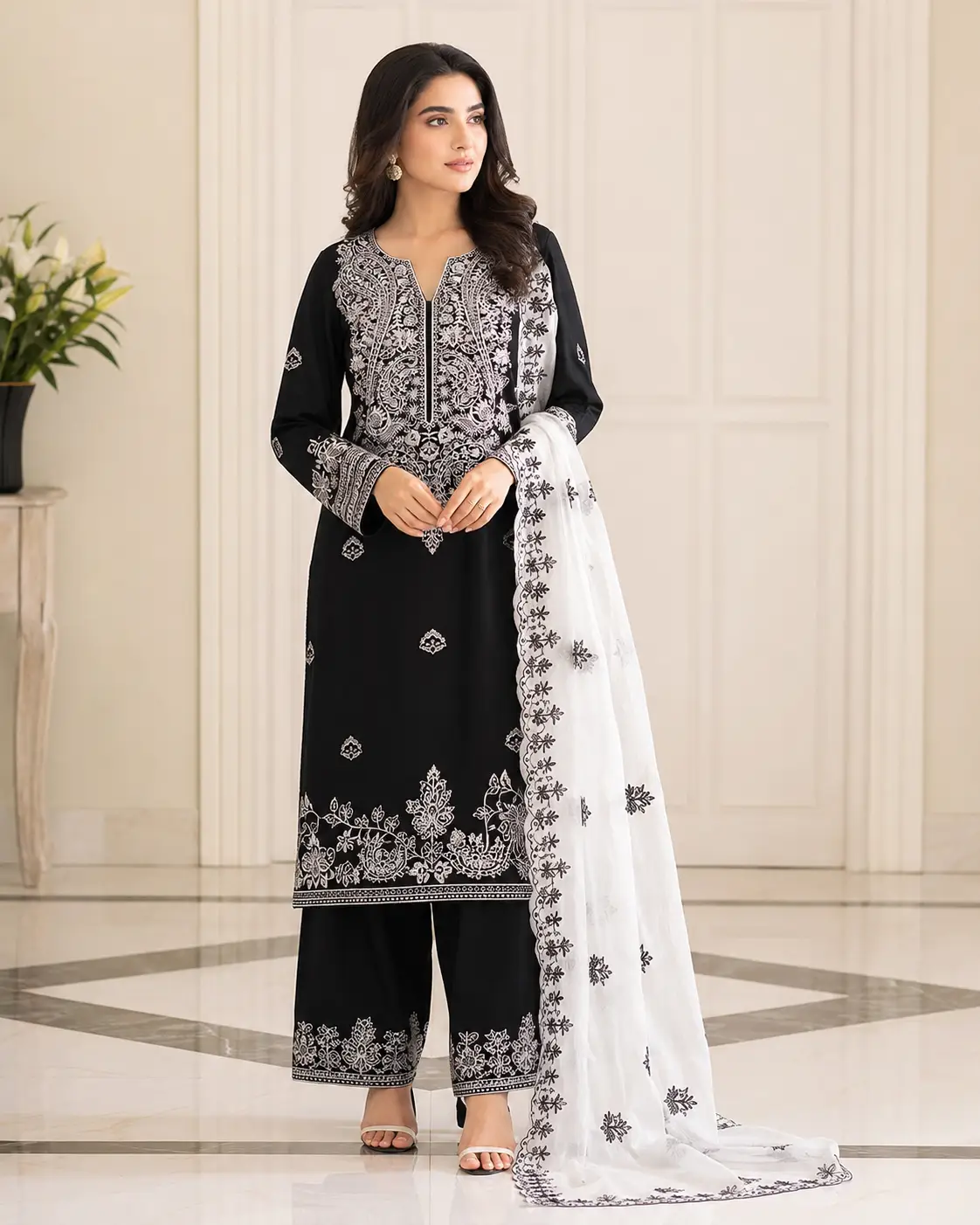 elegant black white embroidered 3 piece suit with dupatta elegant black white embroidered 3 piece suit with dupatta