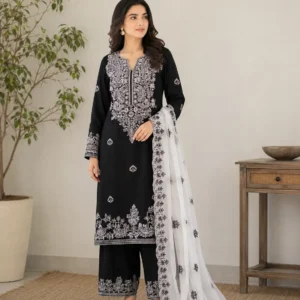 Black and white embroidered 3 piece suit with dupatta for women