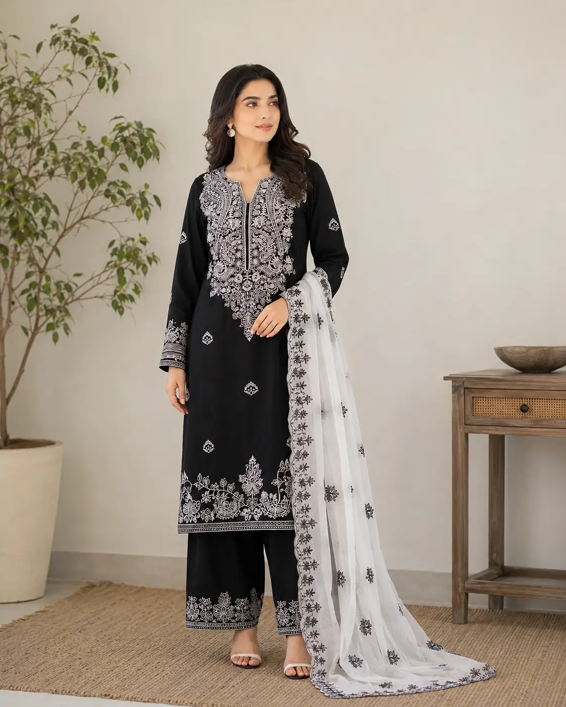 Black White Embroidered 3 Piece Suit with Dupatta Black and white embroidered 3 piece suit with dupatta for women