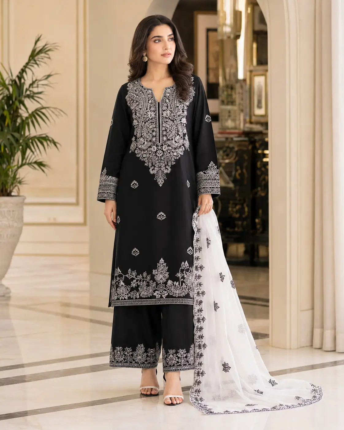 elegant black white embroidered 3 piece suit with dupatta elegant black white embroidered 3 piece suit with dupatta