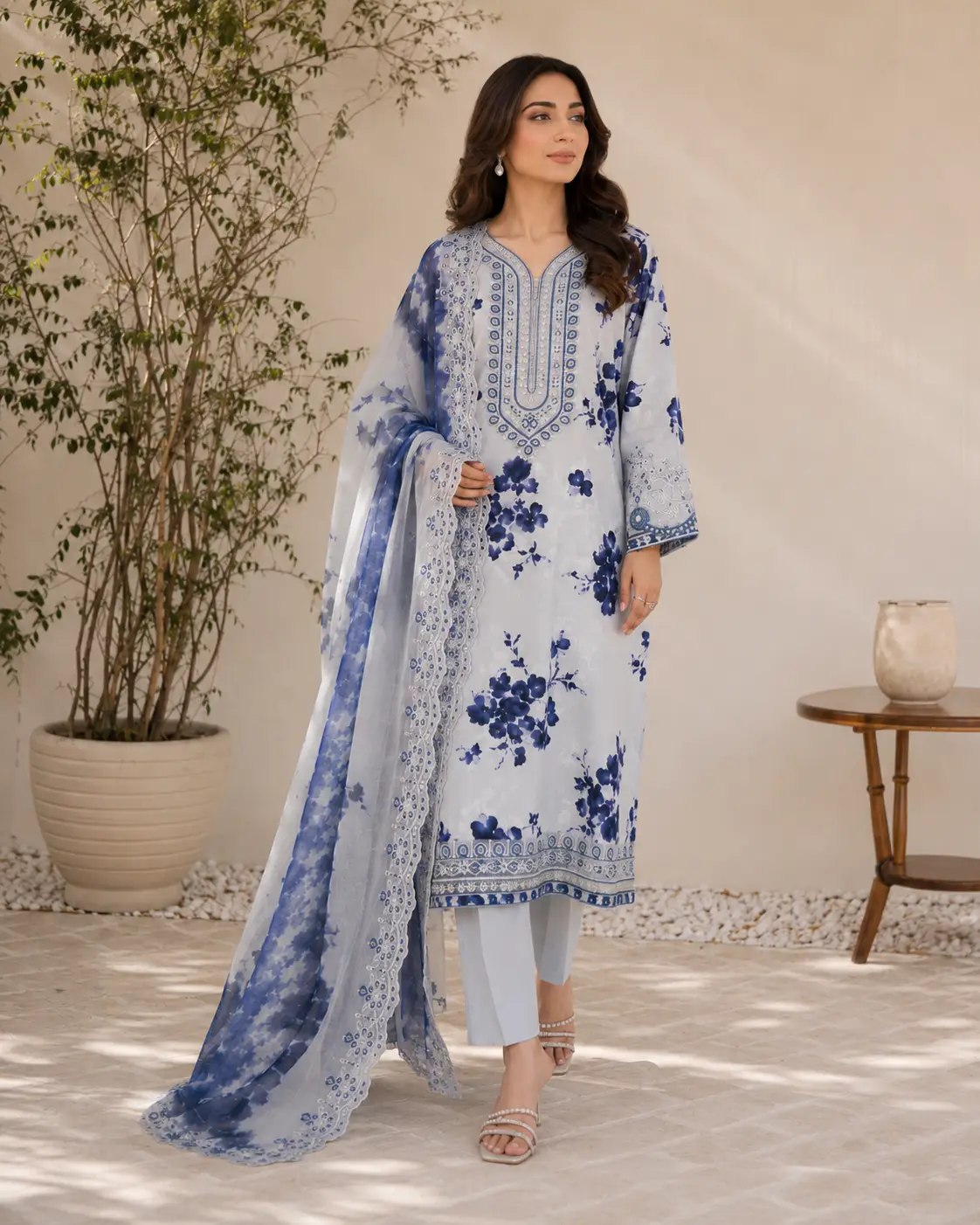Powder Blue Floral 3 Piece Suit with Dupatta Powder blue floral 3 piece suit with dupatta for women