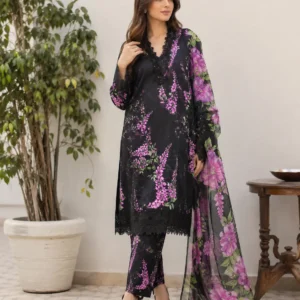 Black and purple floral 3 piece suit with dupatta for women