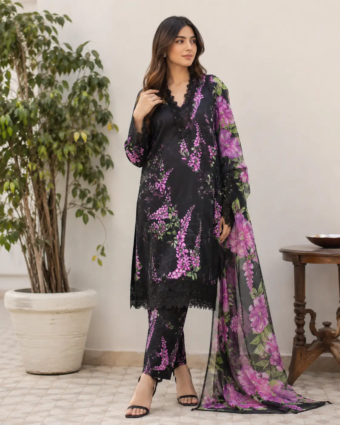 Black Purple Floral 3 Piece Suit with Dupatta Black and purple floral 3 piece suit with dupatta for women
