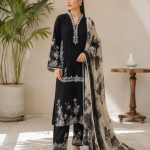 Black and white embroidered 3 piece suit with dupatta for women