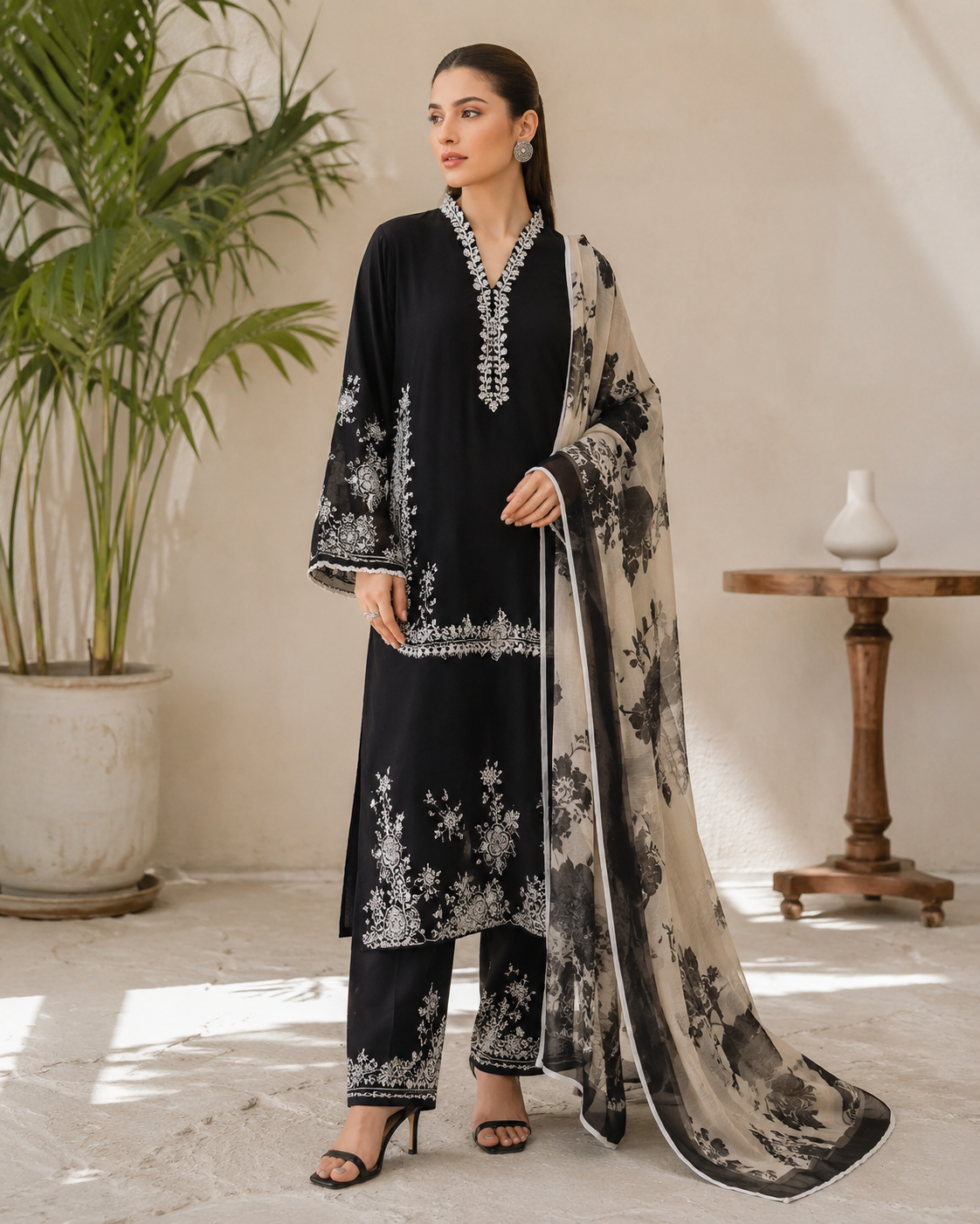 Black White Embroidered 3 Piece Suit with Dupatta Black and white embroidered 3 piece suit with dupatta for women