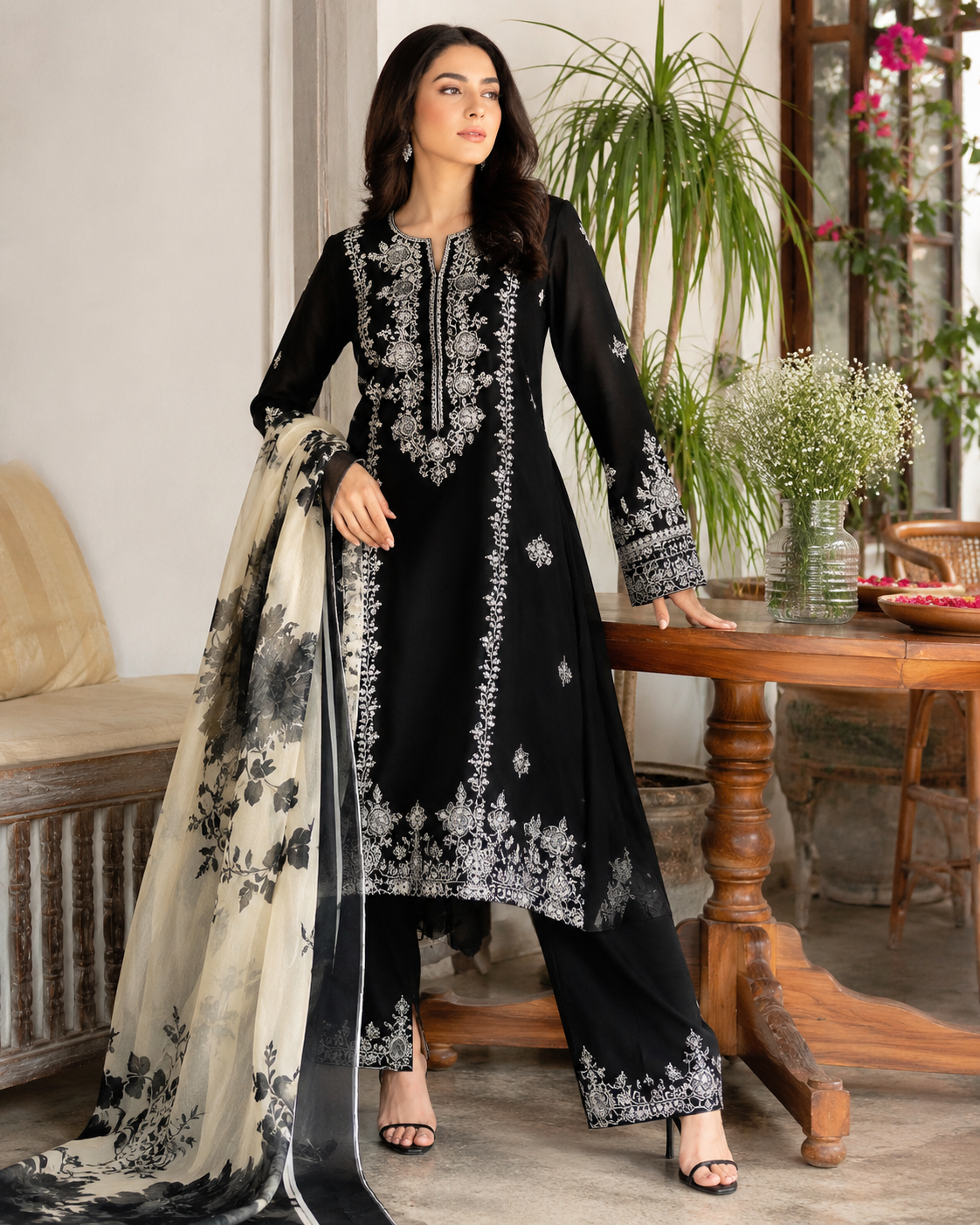 elegant black white embroidered 3 piece suit elegant black white embroidered 3 piece suit