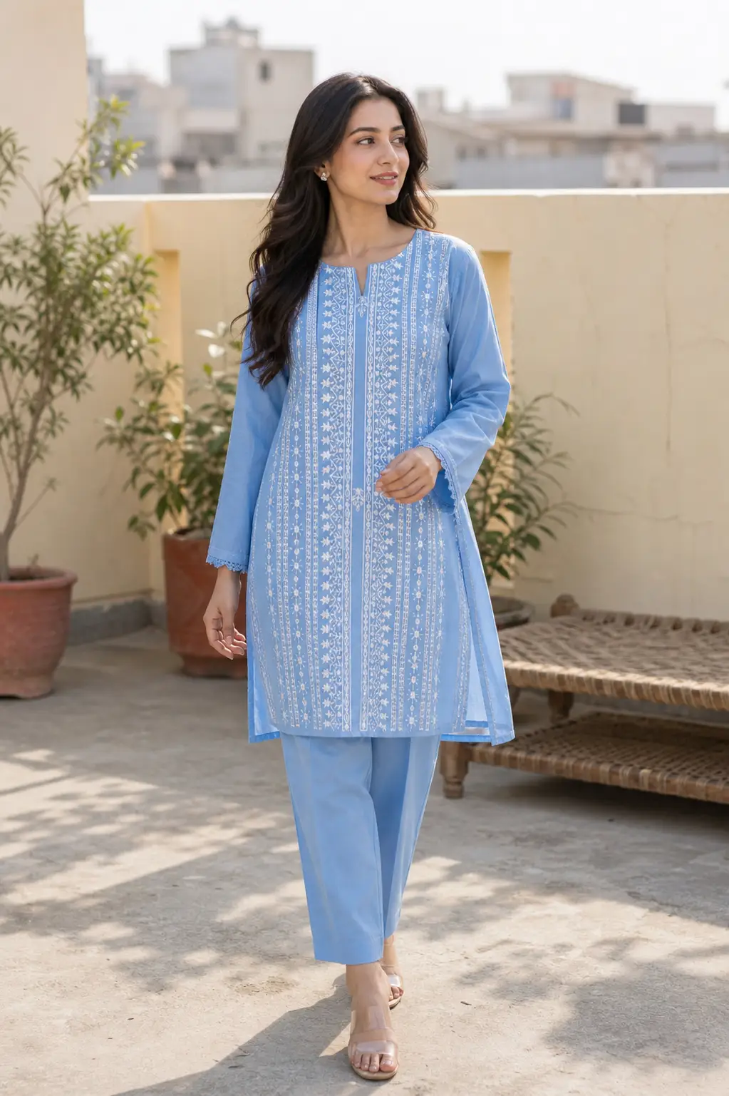 Sky Blue Embroidered 2 Piece Suit Elegant Sky Blue Embroidered 2 Piece Suit