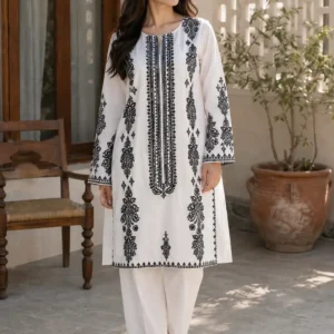 Elegant white and black embroidered 2 piece suit for women