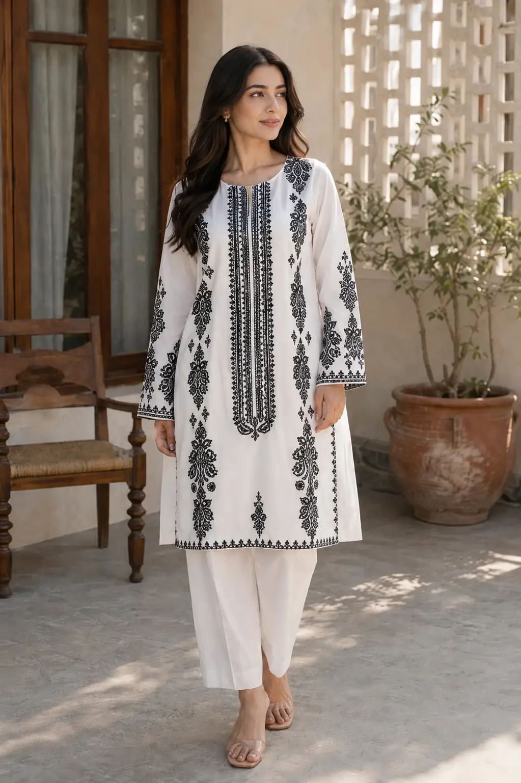 Elegant White Black Embroidered 2 Piece Suit Elegant white and black embroidered 2 piece suit for women