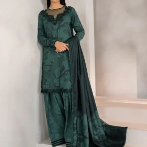 Elegant dark green printed 3 piece suit for women with matching dupatta