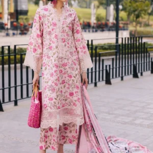 Pink floral embroidered lawn suit with printed dupatta and lace details.