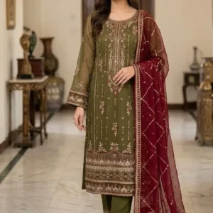 Elegant olive green embroidered 3 piece suit with maroon net dupatta for women